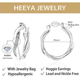 HEEYA Sterling Silver Hoop Earrings,Hoop Earrings for Women-White Small Hoop Earrings,Huggie Earrings for Kids Girls-Twist Sleeper Earrings,Cubic Zirconia 20mm White Earrings Women with Jewellery Box