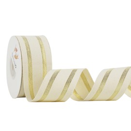 HUIHUANG Natural Stripe Cotton Ribbon Gold and Ivory Striped Ribbon 1.5 inch x 10 Yards, Ivory Ribbon with Metallic Gold Stripe for Gift Wrapping DIY Crafts Christmas Decor Wreath Bows Invitations