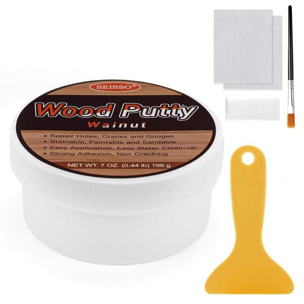 SEISSO Putty, 7.1 oz (200 g), Walnut Wood Putty, Wood Putty, Screw Holes, Repairs Wood, Doors, Spatula, Sandpaper Included, Brush Included, Gloves Included