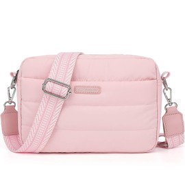 Puffer Crossbody Bags for Women, Lightweight Quilted Shoulder Bag, Cross Body Purse with Guitar Wide Strap Fit for Travel, Pink