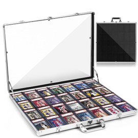 Famaster Trading Card Display Case with 28 Removable Grids, Locking Aluminum Frame Showcase Compatible with PSA Slabs, Graded Cards, Baseball & Sports Card Collectibles