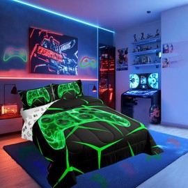 Castle Fairy Game Controller Twin Size Comforter Set,Black Green Games Duvet Set Soft Bed Collection,Geometric Honeycomb Gaming Bedding Comforter for Boys Girls Bedroom,2 Pcs