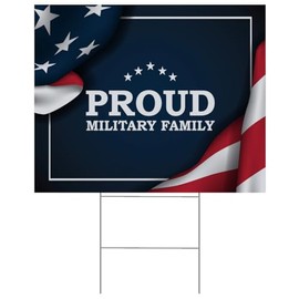 18x14 Proud Military Family Yard Sign - Double Sided, Navy Blue with American Flag Design, Includes 15" H-Stake, Made in the USA