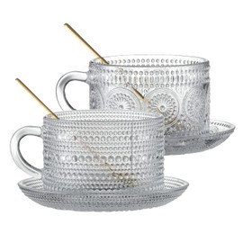 Gezzeny Vintage Coffee Mugs with Saucers 14 Oz Set of 2 Embossed Glass Cups, Tea Cups, Glass Coffee Cups for Cappuccino, Latte,Cereal, Beverage Birthday Valentine's Day Gifts