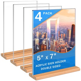 Kersally Acrylic Sign Holder 5 x 7, 4 Pack Double-Sided Clear Table Display Stands with Wood Base,Vertical Acrylic Frame Menu Flyer Paper Holder for Stores, Restaurants, Hotels, Office, Show Fair