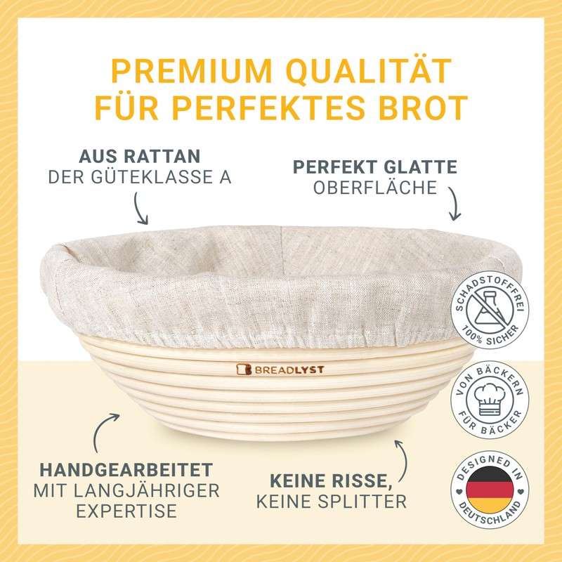 BREADLYST - Premium Proofing Basket Set with Linen Insert and