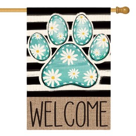 AVOIN colorlife Blue Paw Print Spring House Flag 28x40 Inch Double Sided Outside, Daisy Floral Welcome Stripes Yard Outdoor Flag