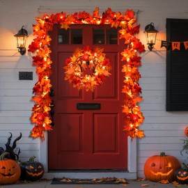 Fall Decorations Lighted Fall Garland, 9FT 50 Count Incandescent Lights Brown Wire UL Certified Connectable Maple Leaves String Lights (Orange, 9FT-2PCS)