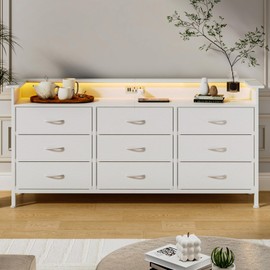 WODRAWER White Dresser for Bedroom with 9 Drawers, Long Dresser TV Stand with LED Lights & Charging Station, Fabric Chests of Drawers for Closet Entryway Living Room