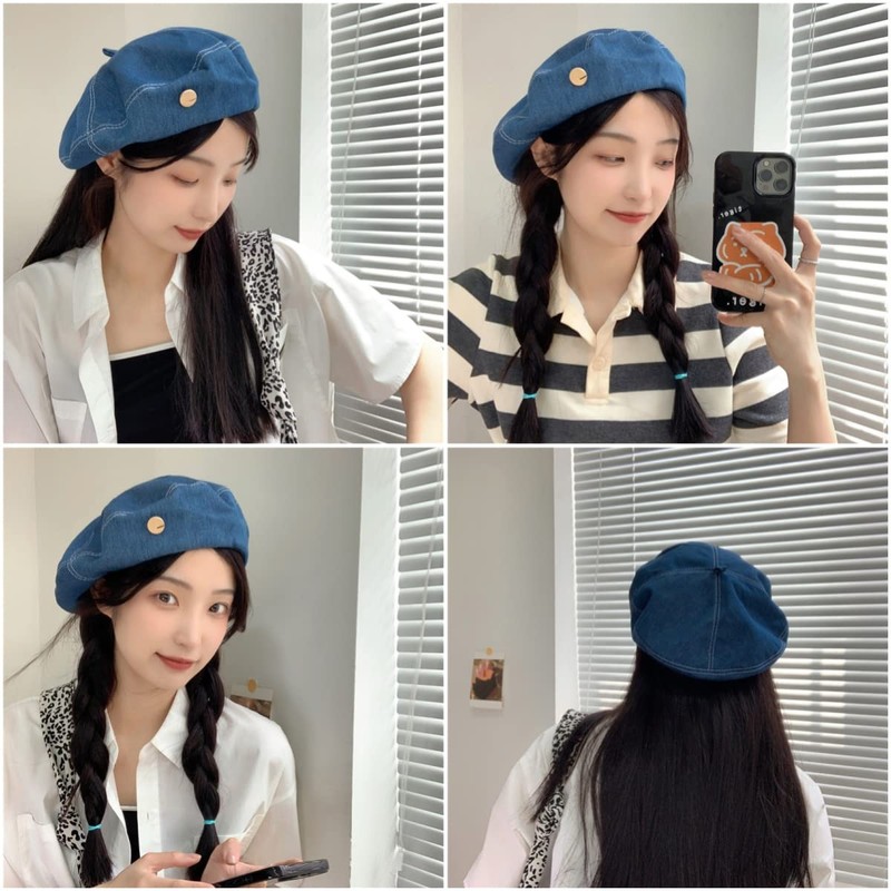 Weuiean NZH-610 Denim Beret Women's Button Decorated Hat, Adjustable Size,