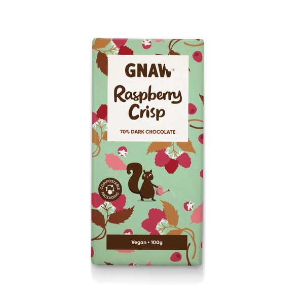 GNAW CHOCOLATE Handcrafted Dark Chocolate 70% Raspberry Crisp, 12x