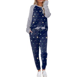 Ekouaer womens Pyjamas set lightweight lounge wear sets crewneck Long Pant Nightwear 2 PCS Sleepwear set long sleeves Pjs Teddy Bear Navy Blue XXL