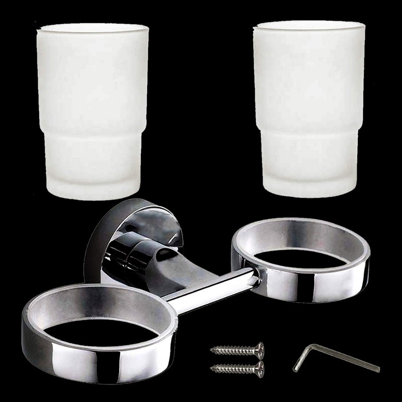 Toothbrush Glass Tumbler with Stainless Steel Holder Wall Mount Chromed