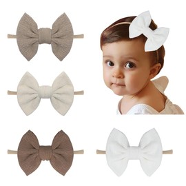 Esumun Baby Girl 5 Inch Bow Nylon Headband 4 PCS, Khaki Hair Bows Hair Band, Girl Hair Accessories for Newborn Infant Toddlers(A DL coffee NB 4pc)