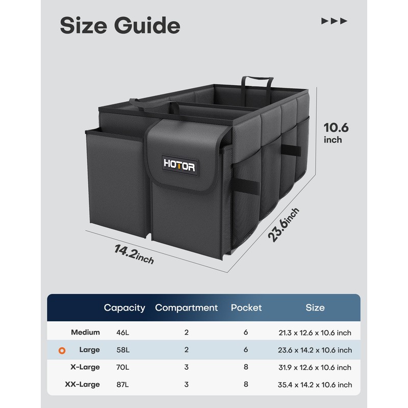 HOTOR Foldable Trunk Organizer - SUVs & Sedans, Sturdy Car