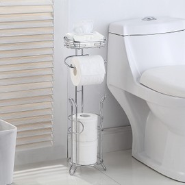 SunnyPoint Bathroom Heavyweight Toilet Tissue Paper Roll Storage Holder Stand with Reserve and Shelve, The Reserve Area Has Enough Space to Store Mega Rolls. (Chrome)