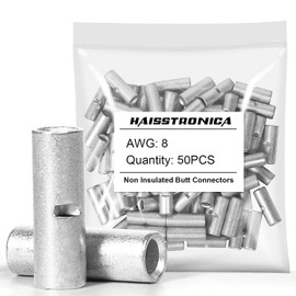 haisstronica Non Insulated Butt Connectors Kit, 50pcs Tinned Copper Uninsulated Wire Connectors for Automotive Marine (AWG 8)