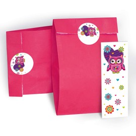 JuNa Party-Experten Party Bag Set of 12 Gift Bags / Pink, 12 Stickers and 12 Bookmarks Owl / Guest Gift for Birthday Children's Birthday Wedding Christening for Children Girls