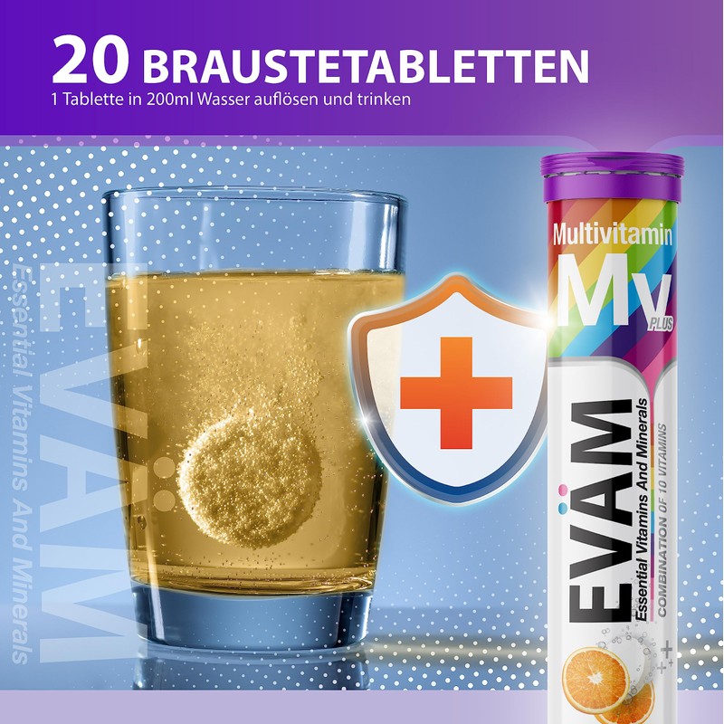 EVÄM Multivitamin Effervescent Tablets, Orange Flavour, 2 x 20 Pieces,
