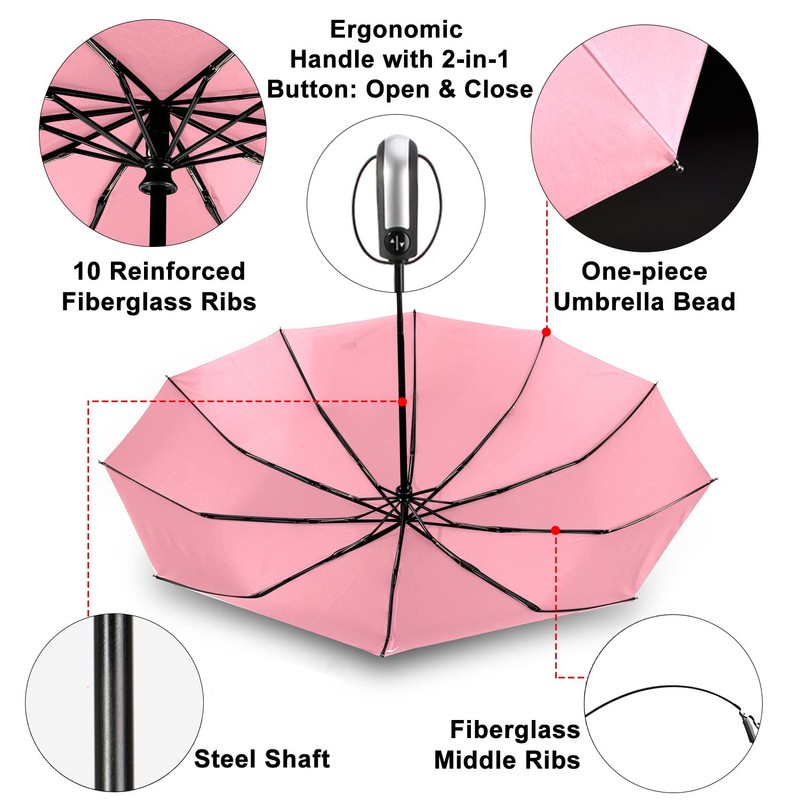 TradMall Travel Umbrella Windproof 56 Inches Canopy, Pink