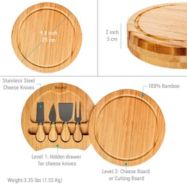 BlauKe Bamboo Cheese Board and Knife Set - 10 inch Round Charcuterie Board, Serving Tray, Platter, Wood Cheese Set - Gift Idea