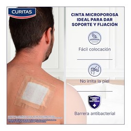 Curitas Cinta Microporosa color Piel de 2.5 cm x 4.5 cm, Transpirable, de fácil colocación, se desprende sin dolor, ideal para dar soporte y fijación, 1 pieza