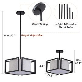Vexagyle 3-Light Semi Flush Mount Ceiling Light Fixture,12.6”Modern Close to Ceiling Light with Fabric Linen Shade Black Metal Frame,Entryway Light Fixtures Ceiling Hanging for Bedroom Hallway