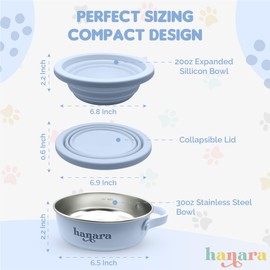 HANARA 2-in-1 Insulated Dog Bowl with Collapsible Lid & Handle – Stainless Steel, Non-Slip Rubber Base – Portable Pet Water & Food Bowl for Dogs & Cats – 30 OZ + 20 OZ – Indoor & Outdoor (Blue)