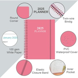 2025 Planner - Weekly & Monthly Planner from January 2025 - December 2025, Planner 2025 with Flexible Cover, Tabs, Inner Pocket, 6.4" x 8.5", Pink