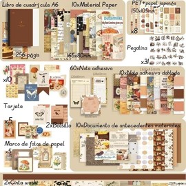 Kit Estético de Álbumes de Recortes, 346 Piezas Álbumes de Recortes Clásico de DIY, Kit de Álbum de Recortes Vintage, Con Pegatinas Decorativos,Libro A6, Regalo para amigas y Niñas(marrón)