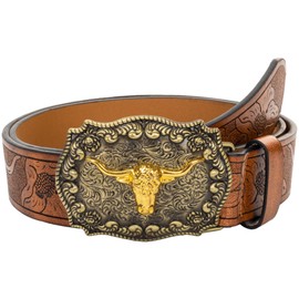 Eohak Western PU Leather Belt for Men Women Cowboy Cowgirl Longhorn Bull Pattern Engraved Buckle Belt for Unisex, brown