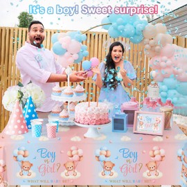 Lopeastar 3Pcs Bear Gender Reveal Decorations Tablecloths, Boy Or Girl Gender Reveal Decorations Pink Blue Teddy Bear Large Size Rectangle Table Cloths 58 x 108Inch