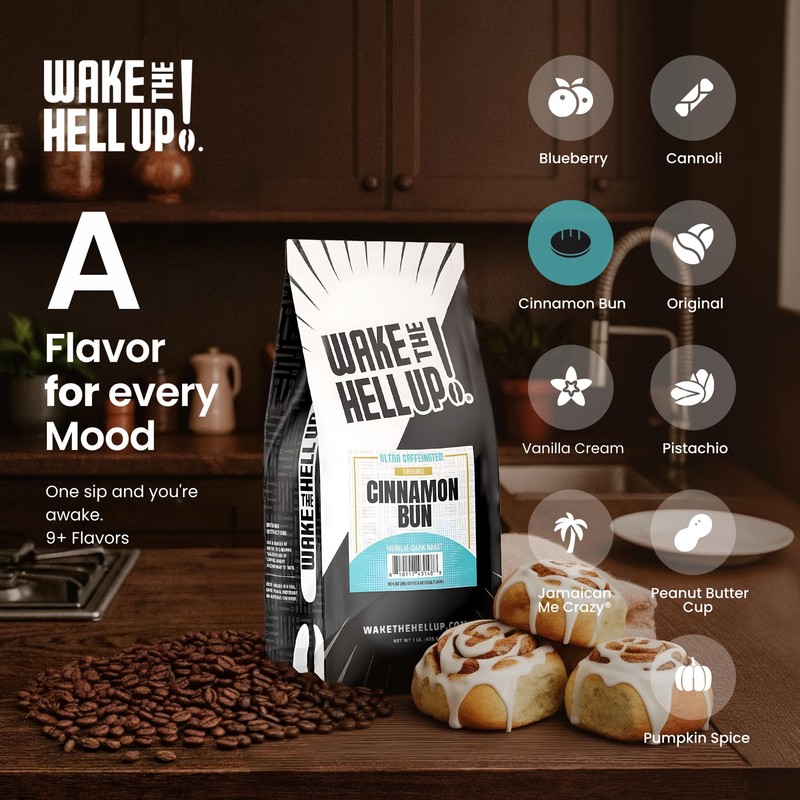 Wake The Hell Up! 1lb Ultra-Caffeinated Cinnamon Bun Ground Coffee,