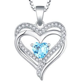 YL Women's Heart Necklace Sterling Silver Filigree Love Heart Pendant 18k White Gold Created Aquamarine Jewelry