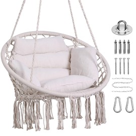 Goutime Hammock Chair, Macrame Hanging Swing Chairs with Cushion and Hardware Kit,Adult Boho Swings for Outside,Patio,Balcony,Bedroom (Beige)