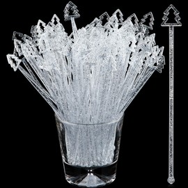 Tioncy 120 Christmas Drink Stirrers Christmas Coffee Stirrers Bulk Christmas Tree Top Swizzle Sticks Plastic Drink Stirrers Glitter Swizzle Sticks for Drinks Bar Christmas Party (Silver)