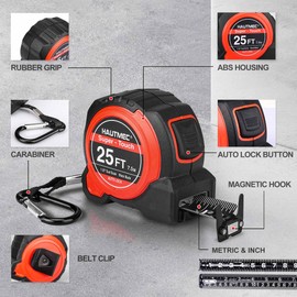 HAUTMEC 25Ft (7.5m) Heavy Duty AutoLock Black Tape Measure, 1 1/4" Wide Black Rigid Blade, Dual Sided Rule Print for Construction, Carpenter, Professionals HT0283-TM