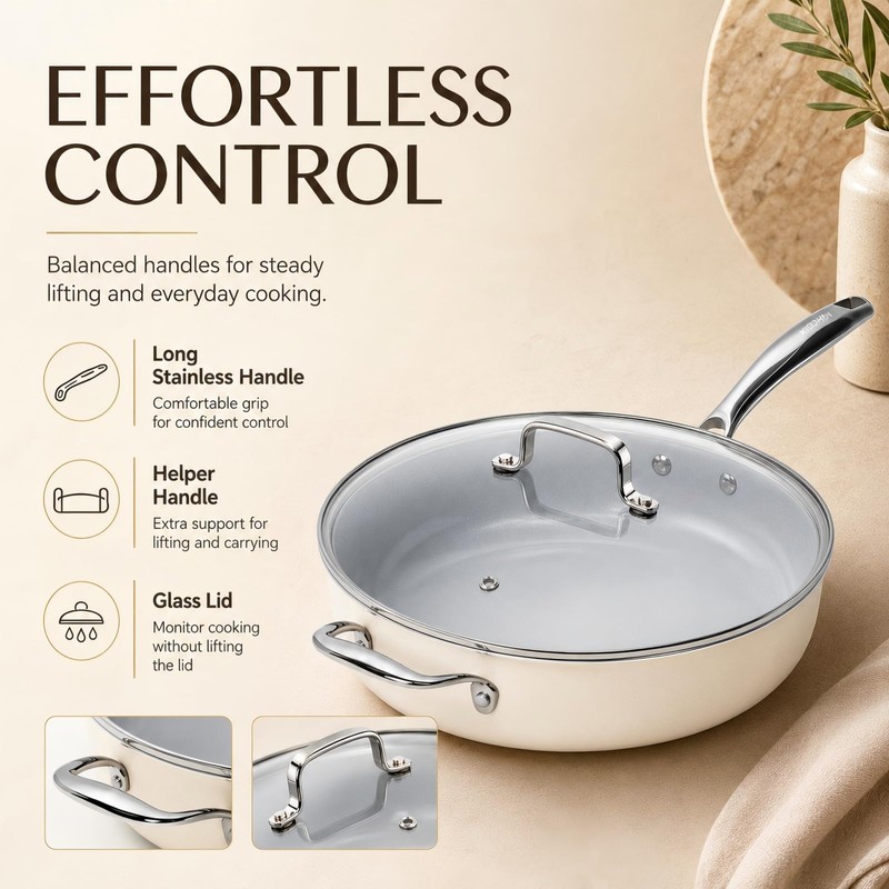 Kikcoin 12 INCH Ceramic Nonstick Deep Frying Pan with Lid,