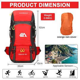 jianyana Hiking Backpack Waterproof 50L Foldable Rucksack Durable Lightweight Camping Bag with Rain Cover for Camping Trekking Hiking Walking Cycling Climbing Outdoor Sports for Women Men Red