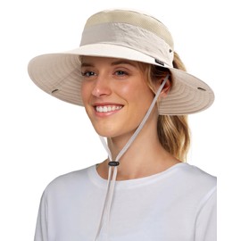FURTALK Sun Hats for Women with Ponytail Hole Beach Hiking Summer Wide Brim Outdoor UV Protection Packable Bucket Safari Hat Beige