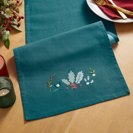 Catherine Lansfield Christmas Holly and Mistletoe Embroidered Cotton 32x220 cm Dining Table Runner Green