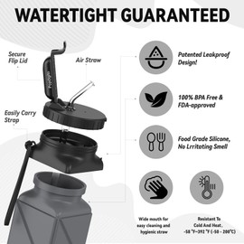 Popdigito Collapsible Water Bottles,BPA-Free Silicone Foldable Water Bottle with Straw Strap 20.6oz,Upgrade Leakproof Lid,Reusable Lightweight Sport Water Bottles For Travel Camping Hiking Outdoor