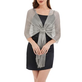 Zando Sparkling Metallic Silver Shawls and Wraps for Evening Dresses，Silver Shawl Wraps for Women Dressy Formal Wedding Party Dresses with Buckle,Shawl for Formal Dress