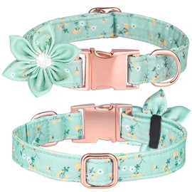 Bbmmayy Dog Collar, Girl Dog Collar Puppy Collar Floral Pattern Dog Collar Cute Dog Collar with Detachable Rhinestone Flower for Female Dogs Small Medium Large (S, Green)