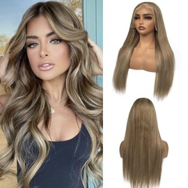 Ombre Brown 13X6 HD Lace Front Wigs Human Hair for Women 20Inch Straight Highlight Chestnut Brown Mixed Beige Blonde Glueless Lace Frontal Wig Deep Part 180% Density Pre Plucked with Baby Hair