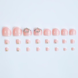 24 Pc Press on Toenails Short,YIHONGYAN Fake Toe Nails Press ons Toenail Tips Rhinestone White French Acrylic Nail Art Kit Glue on Nails Full Cover Summer False Toenail Stick on Nails for Women