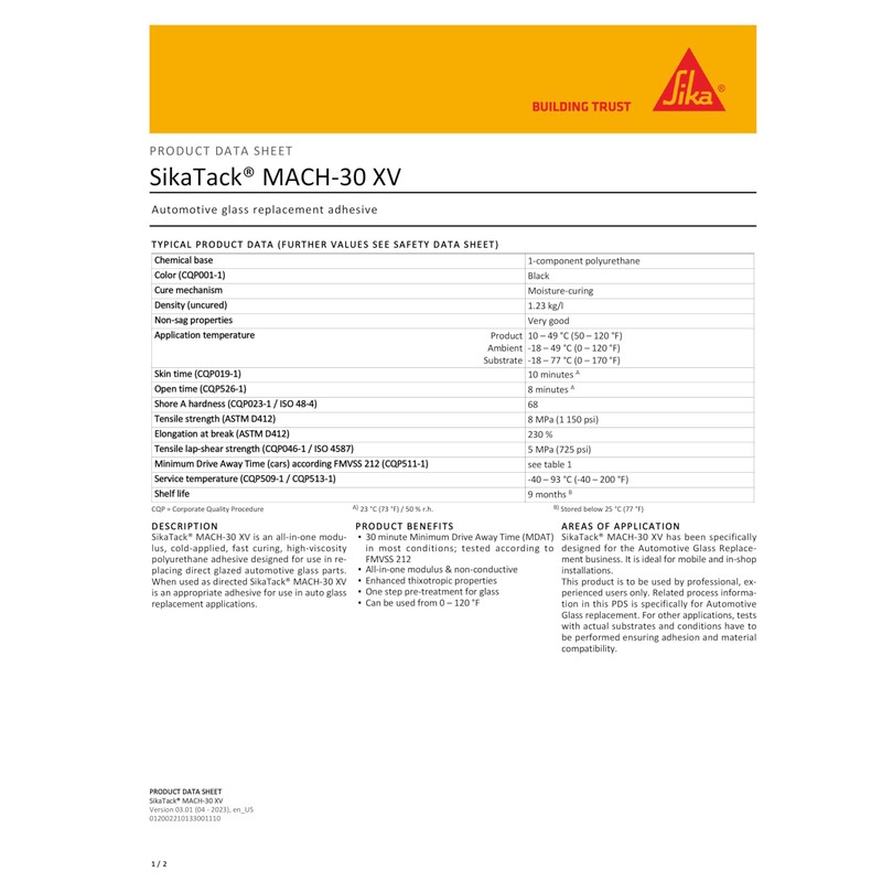 SikaTack Mach-30XV Auto Glass Urethane Windshield Adhesive, 30 Minute Drive