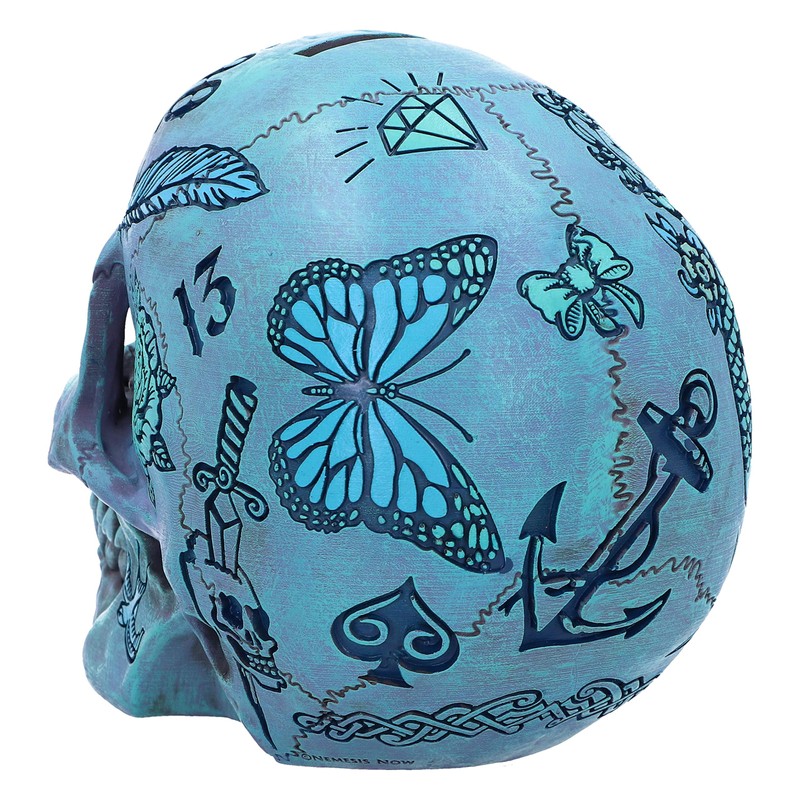 Nemesis Now Aqua Blue Traditional, Tribal Tattoo Fund Skull, Polyresin,