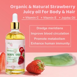 MR.A MR.A 2 Pack Strawberry Body Oil Juice Scented, Vitamin E Body Oil after Shower with Jojoba Oil, Strawberry Shortcake Body Moisturizer Bath Oil for Dry Skin, Massage Oil Guasha Oil with Guasha Tool