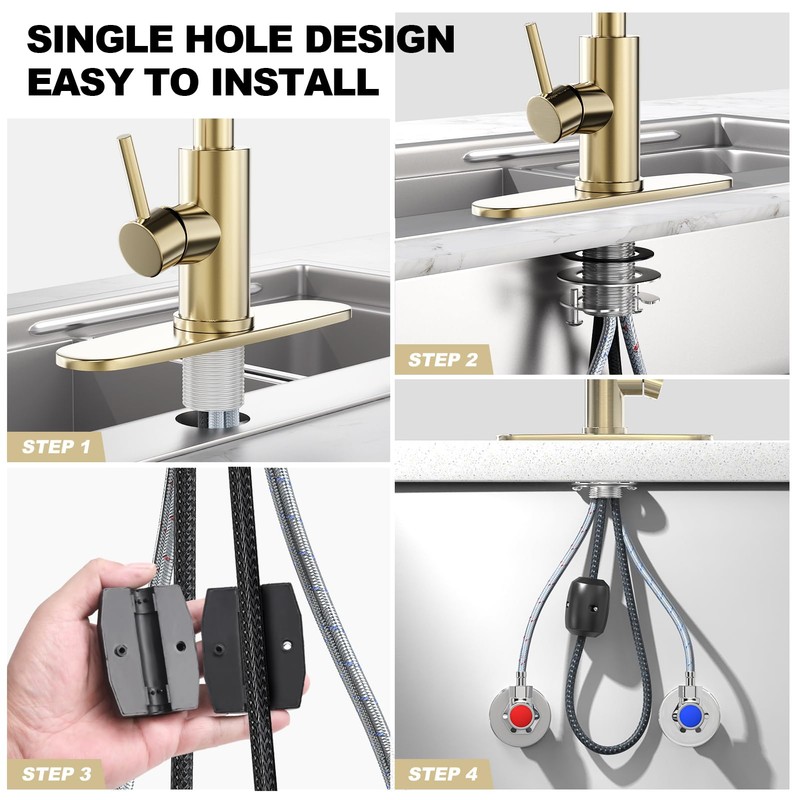 AVSIILE Brushed Gold Waterfall Kitchen Faucets with Pull Down Sprayer